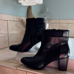 Clarks Black Leather Ankle Boots with Block Heel